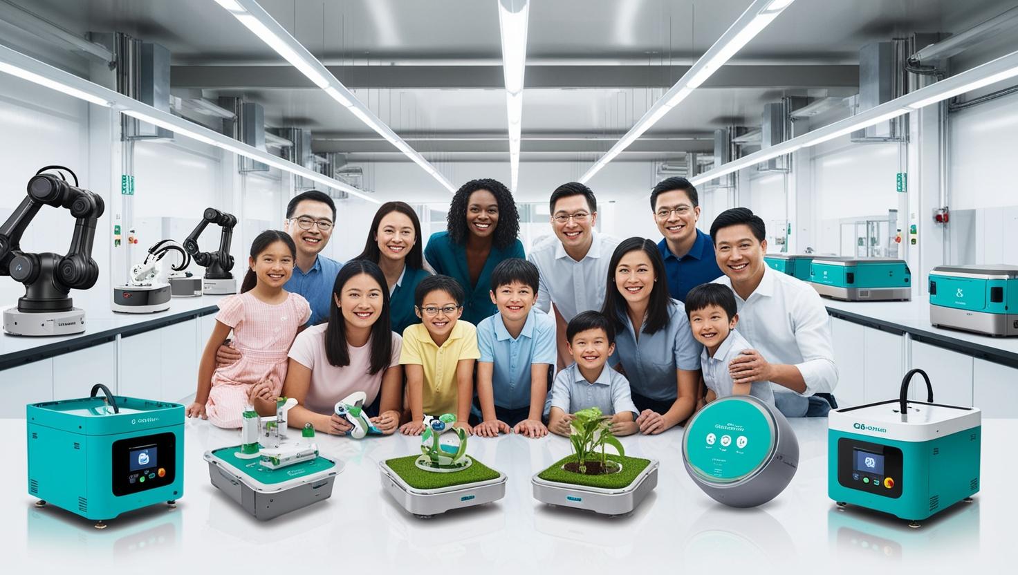 A sleek, modern digital marketing campaign image featuring a production line or factory setting, with an emphasis on advanced industrial technologies like robotics, 3D printing, or AI.